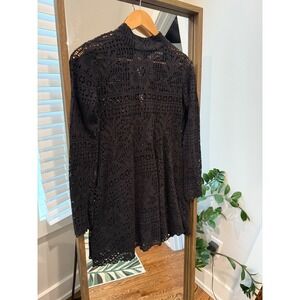 FP Beach Black Crochet Mock Neck Long Sleeve Tunic Cover Up Mini Dress S